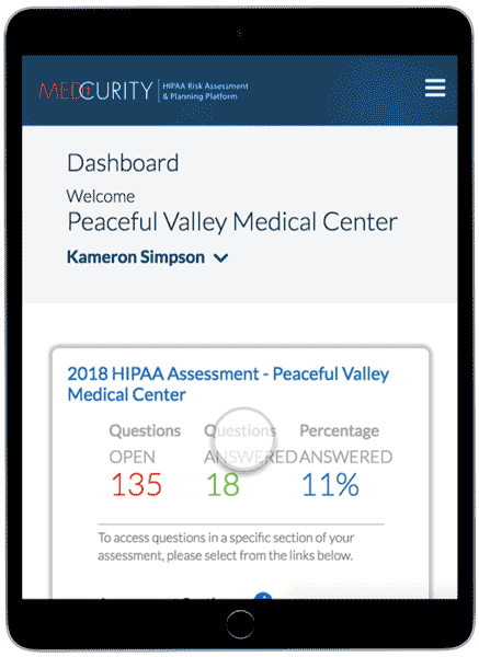 iPad displaying the risk assessment module of the Medcurity platform