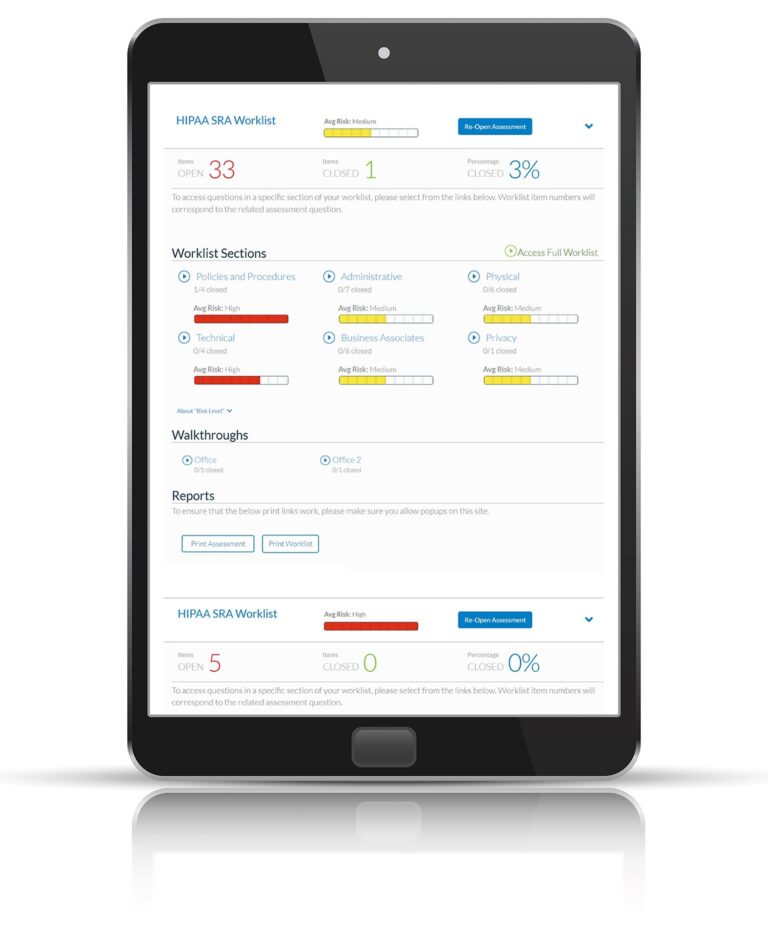 Example of a Medcurity SRA worklist showing findings, worklist sections and report links