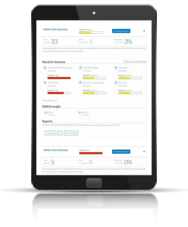 HIPAA security risk analysis platform featured on tablet