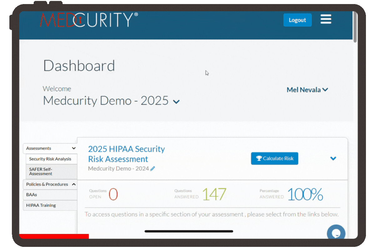 Medcurity HIPAA Security Risk Analysis Platform Dashboard
